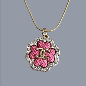 Upcycled CC Elegant Pink and Gold Flower Pendant Necklace